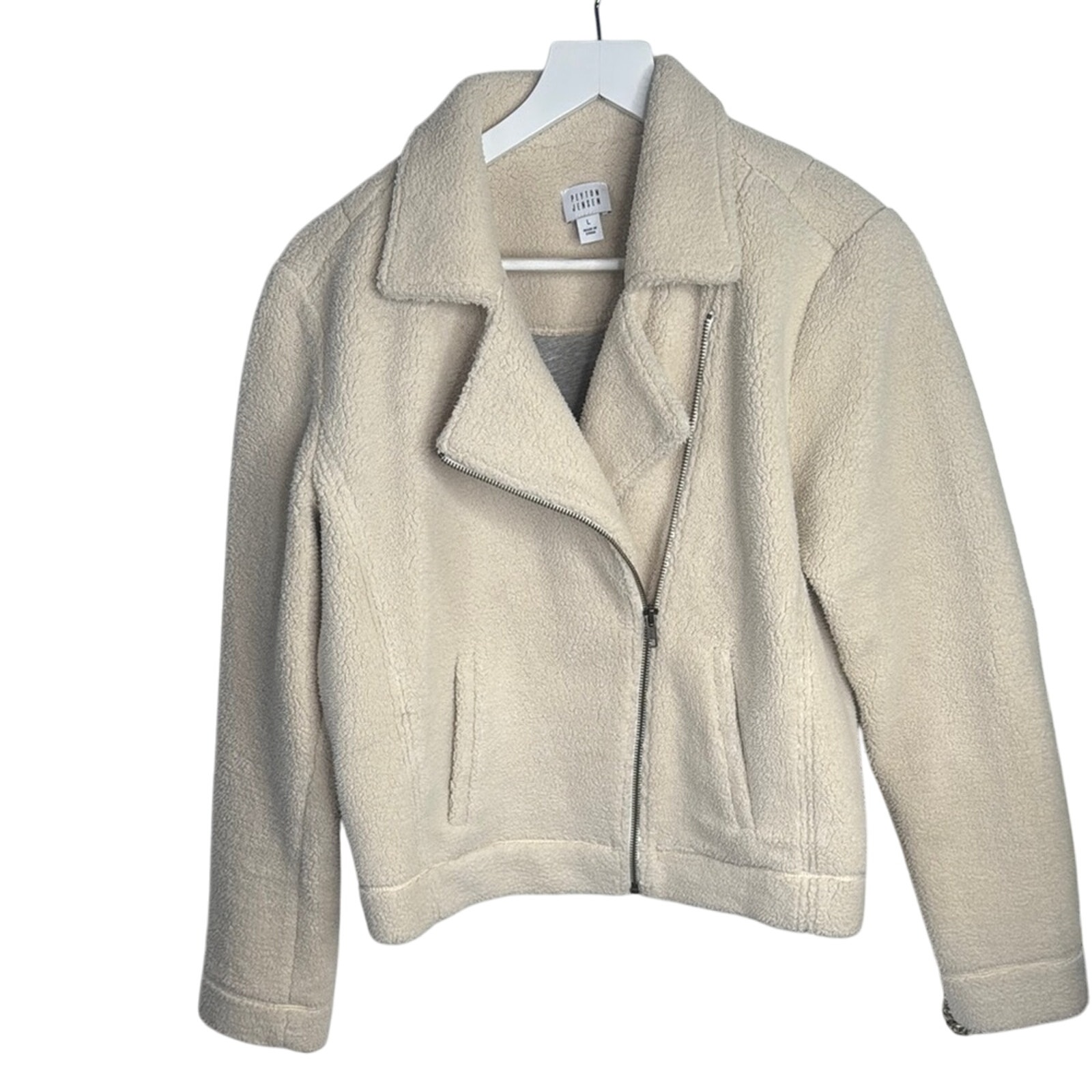 Evereve Peyton Jensen Jacket Shearling-Like Moto Ivory Pocket Coat W1372 Sz L